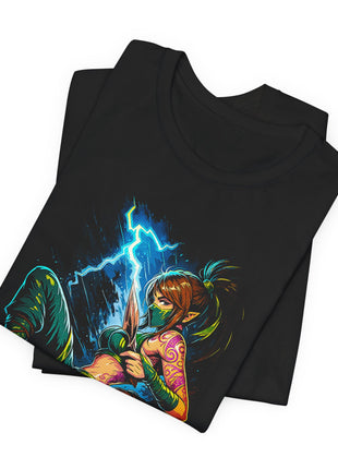 Folded view of the black Akali Lightning Blade Graphic T-Shirt.