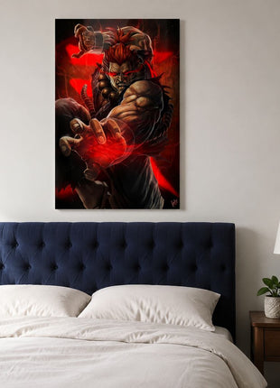 Akuma acrylic wall art above a navy headboard