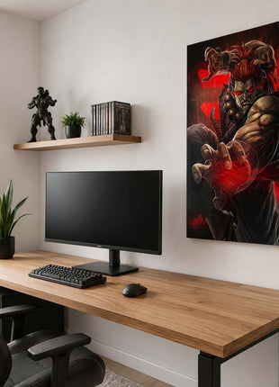 Akuma acrylic print beside a gaming monitor