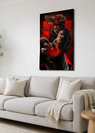 Akuma acrylic wall art above a gray sofa