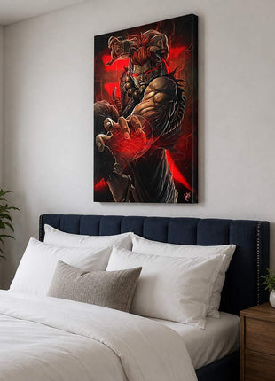 Akuma canvas wall art above a navy headboard