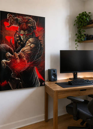 Akuma canvas print beside a gaming monitor
