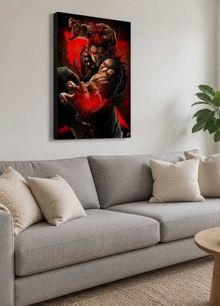 Akuma canvas wall art above a gray sofa