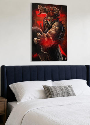 Akuma metal wall art above a navy headboard