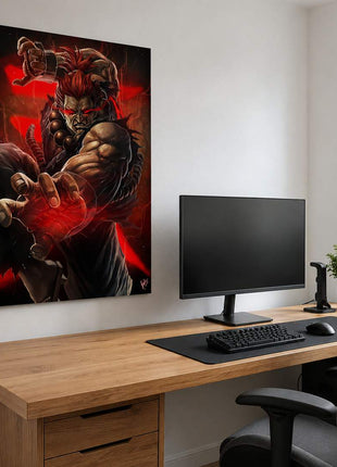 Akuma metal print beside a gaming monitor