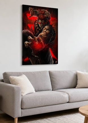 Akuma metal wall art above a gray sofa