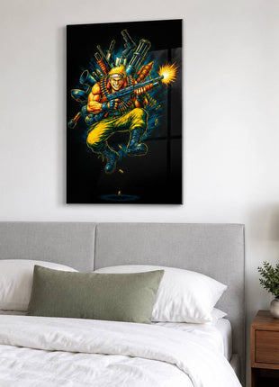 Alien War Commando acrylic wall art over upholstered bed