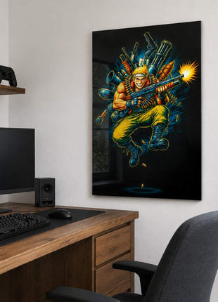 Alien War Commando acrylic wall art beside gaming desk