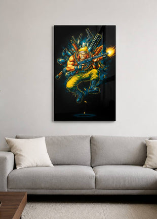 Alien War Commando acrylic wall art over gray sofa