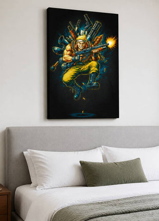 Alien War Commando canvas wall art over upholstered bed