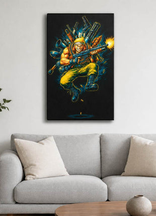 Alien War Commando canvas wall art over gray sofa