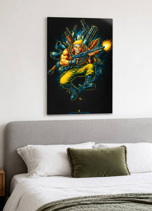 Alien War Commando metal wall art over upholstered bed
