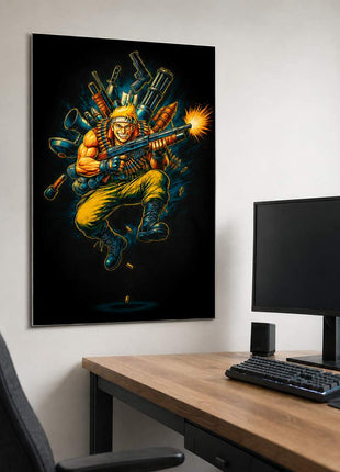 Alien War Commando metal wall art beside gaming desk