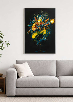 Alien War Commando metal wall art over gray sofa