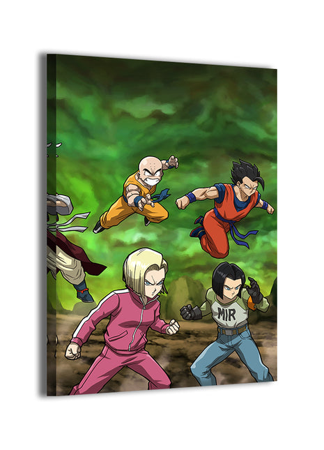 Dragon Ball Super group scene by Pasibe and Dela Torre; gallery-wrapped, ready to hang.