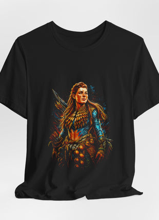 Draped front view of a black T-shirt showing Aloy’s blue-and-gold outfit with bow details behind one shoulder.
