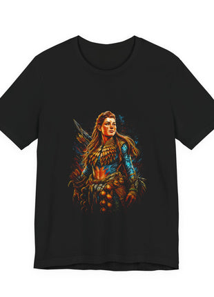 Front of a black T-shirt featuring Aloy with braided auburn hair, blue clothing and layered gold chest pieces.
