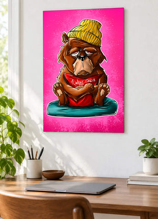 Sleepy cartoon ape in a yellow beanie and Always Tired shirt on a teal cushion displayed above a desk in a room setting