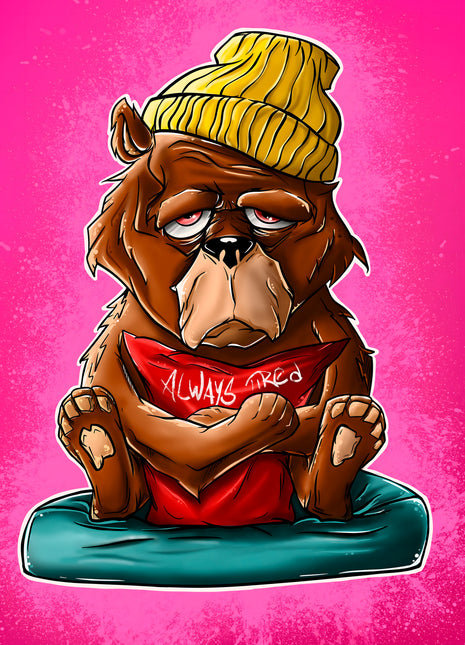 Sleepy cartoon ape in a yellow beanie and Always Tired shirt on a teal cushion
