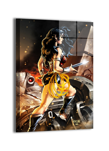 Amazon Vanguard Metal Print — Wonder Woman with glowing lasso and battlefield debris, artwork by Ryan Pasibe and Brian “Totz” Valeza; modern sheen, ready to hang.