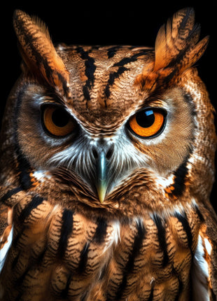 Front-facing orange-brown owl with pointed ear tufts and amber eyes against black.