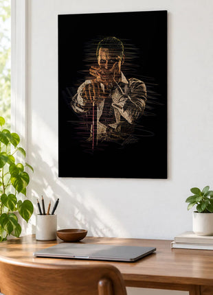 Amber Pause acrylic wall art displayed above a wooden desk with a laptop, plants and books against a white wall.