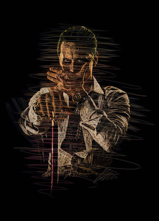 Amber Pause: depicts a man in a collared shirt and waistcoat with one hand near his mouth.