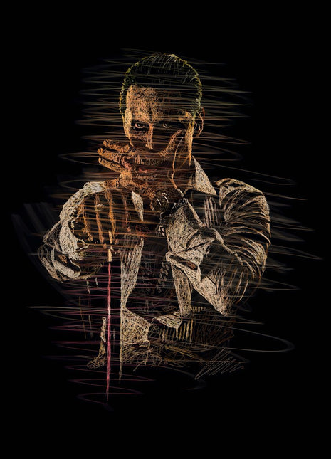 Amber Pause: depicts a man in a collared shirt and waistcoat with one hand near his mouth.