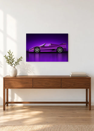 Amethyst Wingline shown as horizontal acrylic wall art above a wooden console with a vase of leafy stems and stacked books.