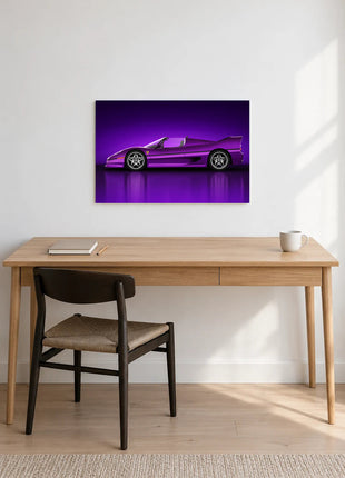 Amethyst Wingline shown as horizontal acrylic wall art above a wooden desk with a notebook, pencil and white mug.