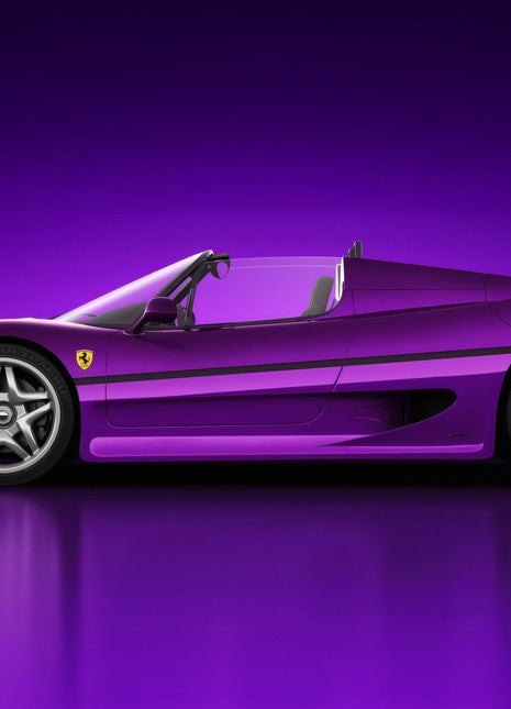 Purple open-top Ferrari in left-facing side profile with a tall rear wing, silver star-spoke wheels and black trim above a violet reflection.