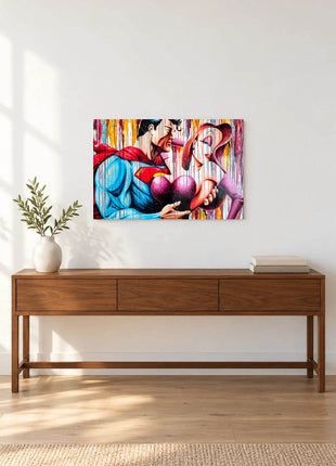 Superman embracing Jessica Rabbit against multicolor paint drips displayed above a console table in a room setting