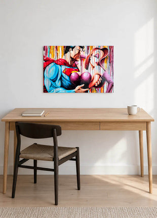 Superman embracing Jessica Rabbit against multicolor paint drips displayed above a desk in a room setting
