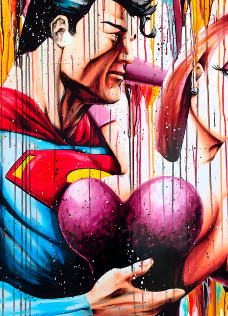 Superman embracing Jessica Rabbit against multicolor paint drips