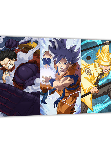 Anime Heroes Collide Canvas Print — Goku, Naruto & Luffy, artwork by Ryan Pasibe and Sam Delatorre; gallery-wrapped, ready to hang.