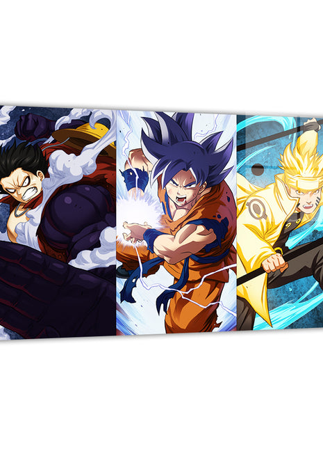 Anime Heroes Collide Metal Print — Goku, Naruto & Luffy, artwork by Ryan Pasibe and Sam Delatorre; modern sheen, ready to hang.