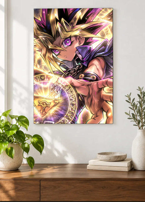 Heart of the Duel shown as an acrylic wall-art mockup above a wooden console, with plants against a light wall.