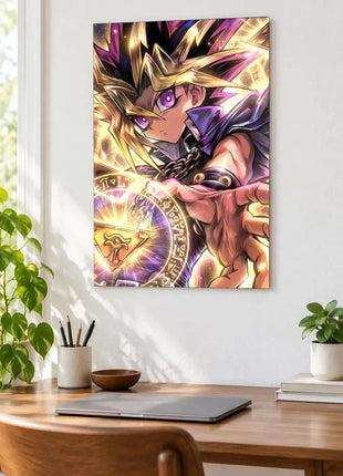 Heart of the Duel shown as an acrylic wall-art mockup above a wooden desk with a closed laptop and plants.