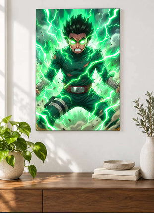 Emerald Overdrive shown as an acrylic wall-art mockup above a wooden console, with plants against a light wall.