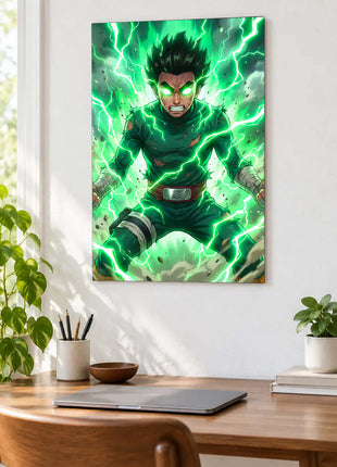Emerald Overdrive shown as an acrylic wall-art mockup above a wooden desk with a closed laptop and plants.