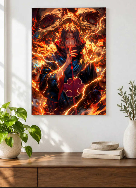 Inferno Illusion shown as an acrylic wall-art mockup above a wooden console, with plants against a light wall.