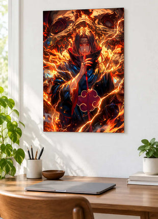 Inferno Illusion shown as an acrylic wall-art mockup above a wooden desk with a closed laptop and plants.