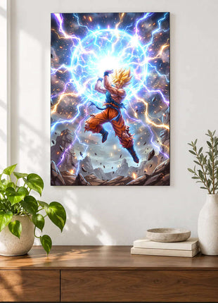 Skybreaker Charge shown as an acrylic wall-art mockup above a wooden console, with plants against a light wall.