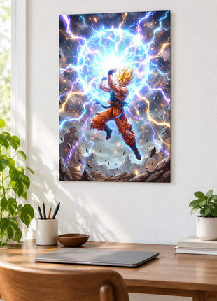 Skybreaker Charge shown as an acrylic wall-art mockup above a wooden desk with a closed laptop and plants.