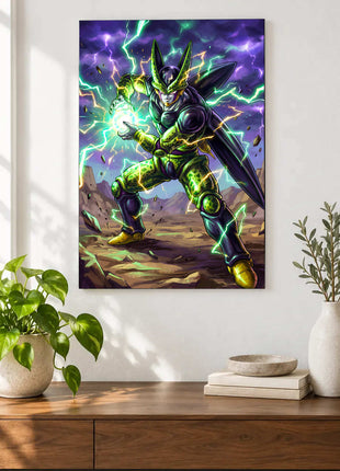 Perfect Storm shown as an acrylic wall-art mockup above a wooden console, with plants against a light wall.