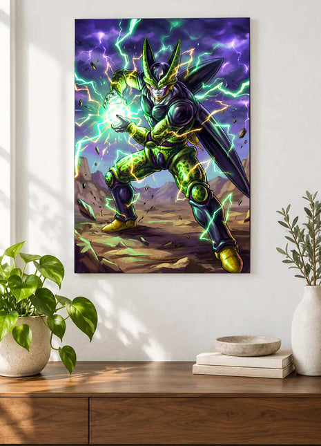 Perfect Storm shown as an acrylic wall-art mockup above a wooden console, with plants against a light wall.