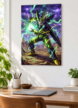 Perfect Storm shown as an acrylic wall-art mockup above a wooden desk with a closed laptop and plants.