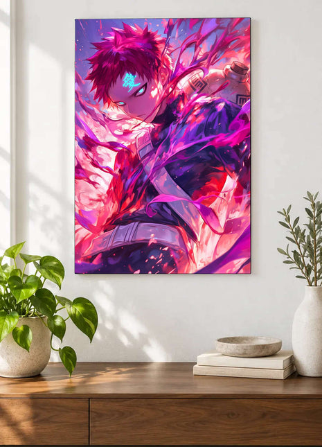 Crimson Tempest shown as an acrylic wall-art mockup above a wooden console, with plants against a light wall.