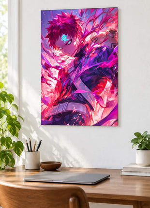 Crimson Tempest shown as an acrylic wall-art mockup above a wooden desk with a closed laptop and plants.
