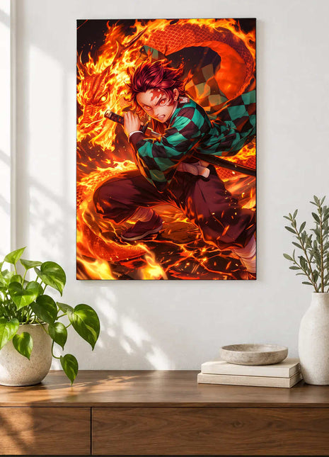 Dragonfire Rush shown as an acrylic wall-art mockup above a wooden console, with plants against a light wall.